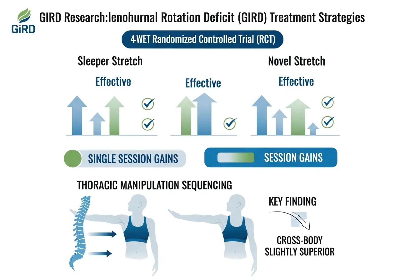 GIRD research sleeper stretch cross-body stretch RCT glenohumeral mobilisation thoracic manipulation sequencing timeline