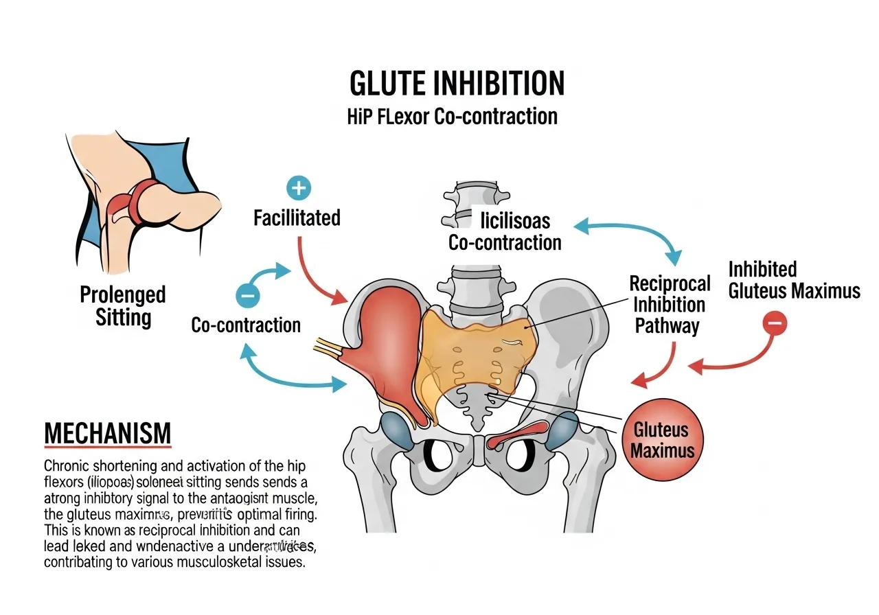 glute inhibition reciprocal inhibition hip flexor co-contraction mechanism seated posture neural pathway