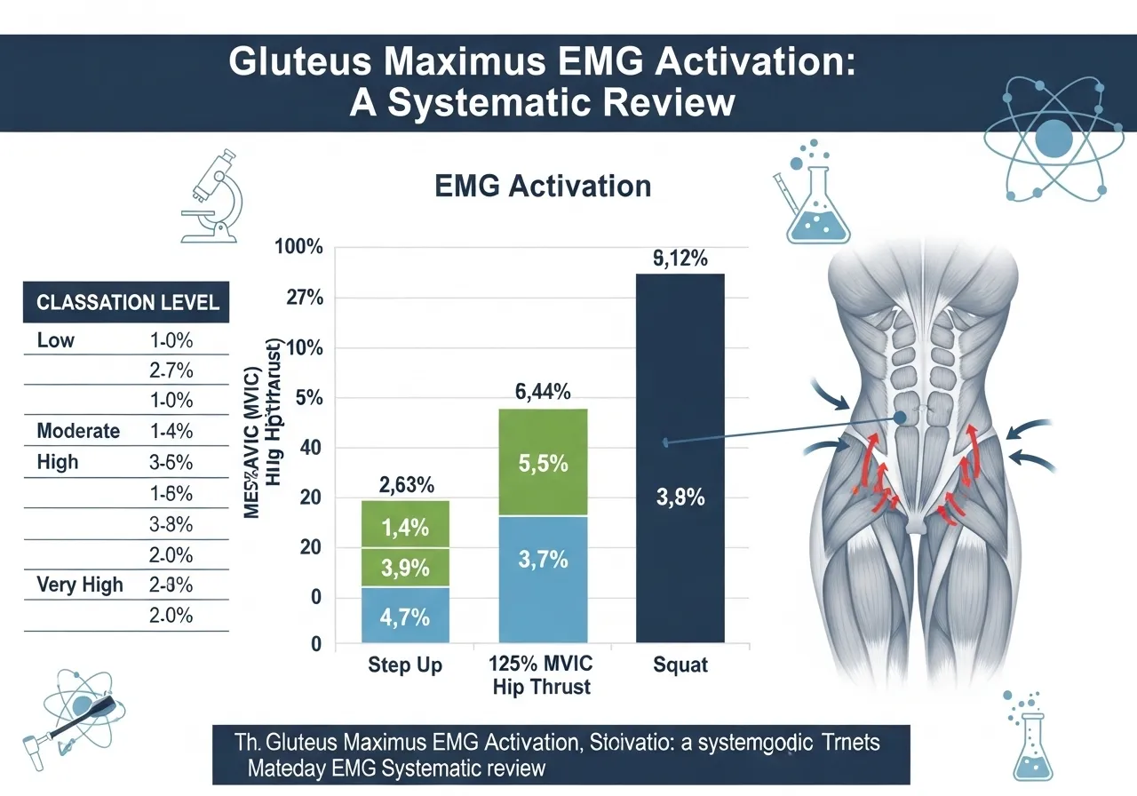 gluteus maximus EMG systematic review step up activation 79 to 113 percent MVIC hip thrust squat comparison