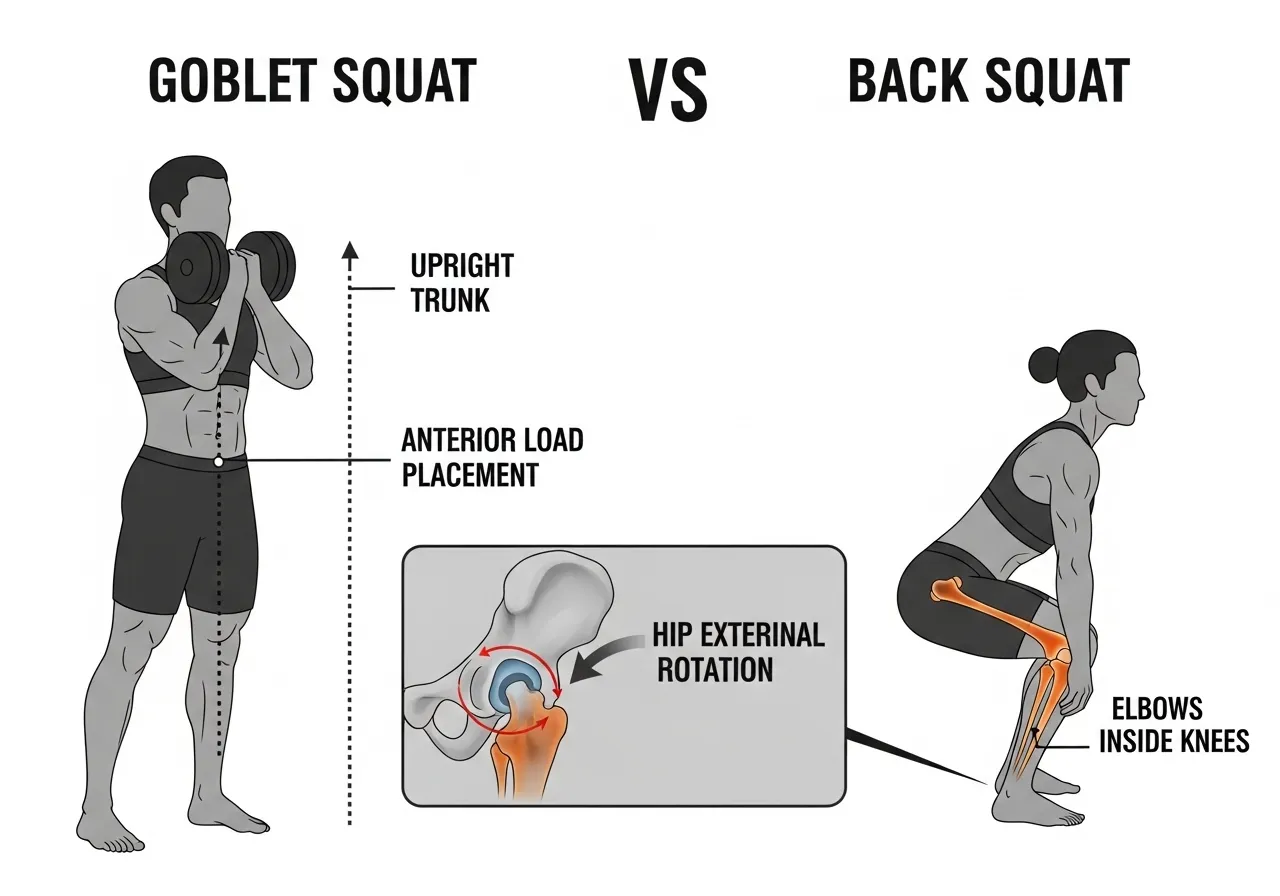 goblet squat biomechanics anterior load upright trunk position squat mechanics counterweight effect hip opening