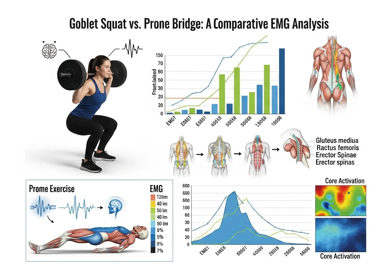 goblet squat EMG research front loaded squat quad glute activation core erector comparison back squat data