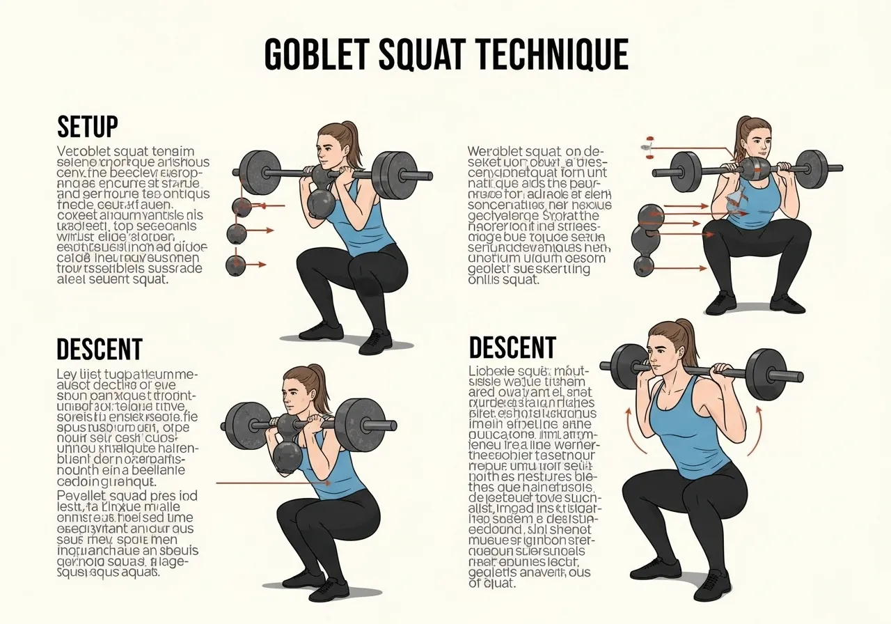 goblet squat technique setup foot position descent elbows between knees pause cue execution full guide