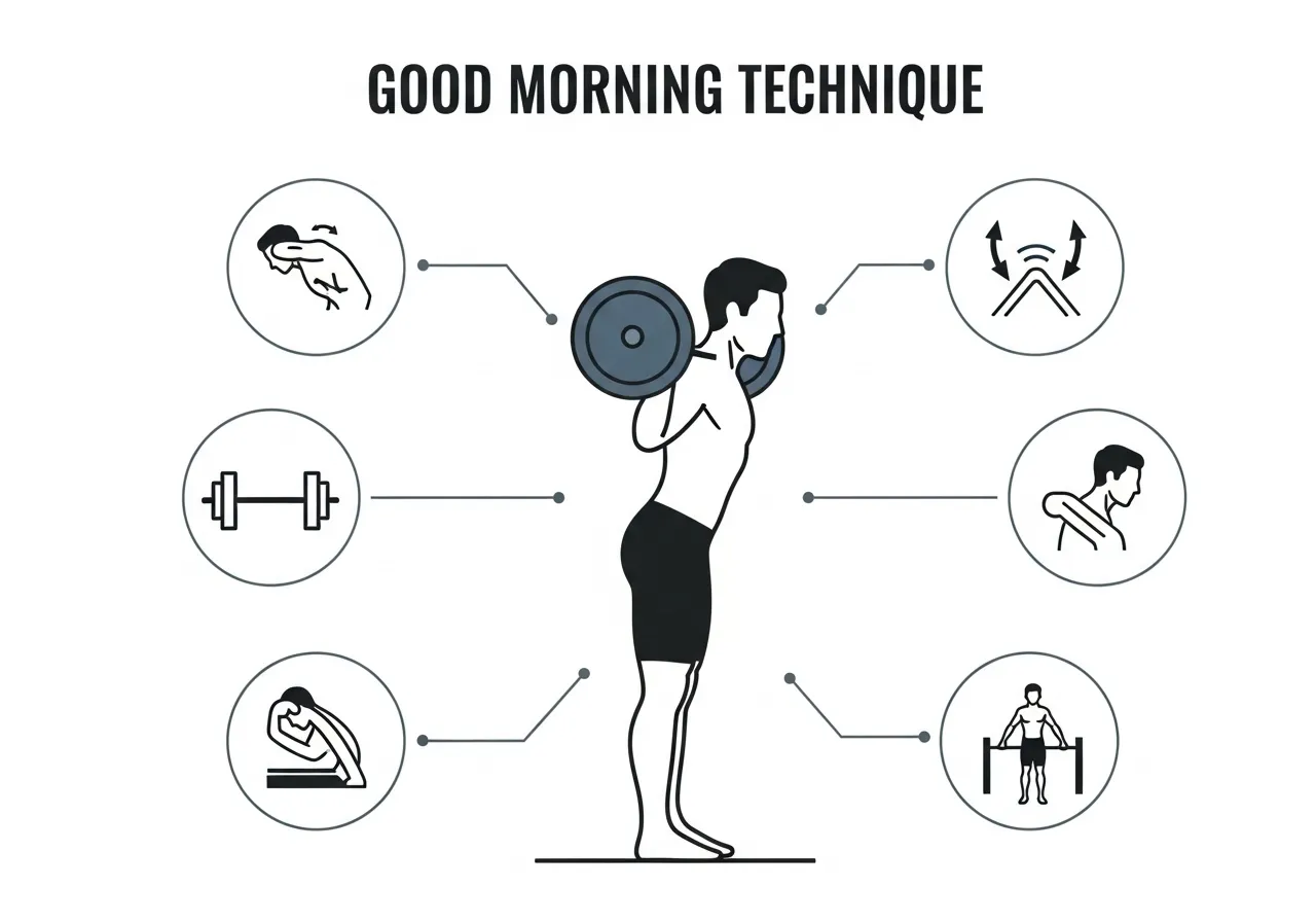 good morning technique barbell setup foot position hip hinge descent neutral spine ascent hip drive