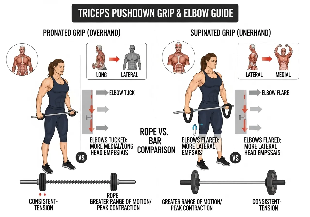 grip position tricep activation guide showing pronated versus supinated pushdown rope bar comparison elbow position flare versus tuck effects