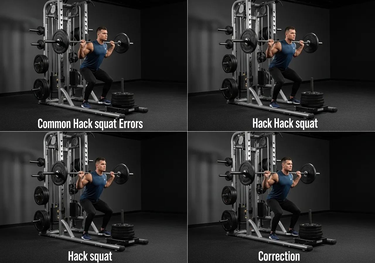 hack squat mistakes feet too high depth short lower back rounding momentum