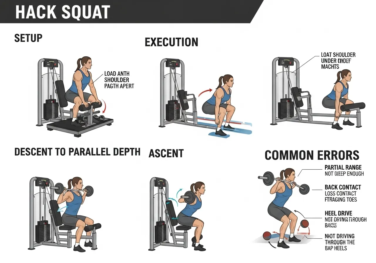 hack squat technique guide showing setup back pad shoulder pads feet position depth parallel descent heel drive ascent common errors