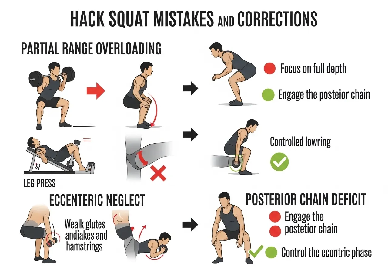 hack squat training mistakes guide showing overloading partial range leg press mechanics no eccentric control no posterior chain work