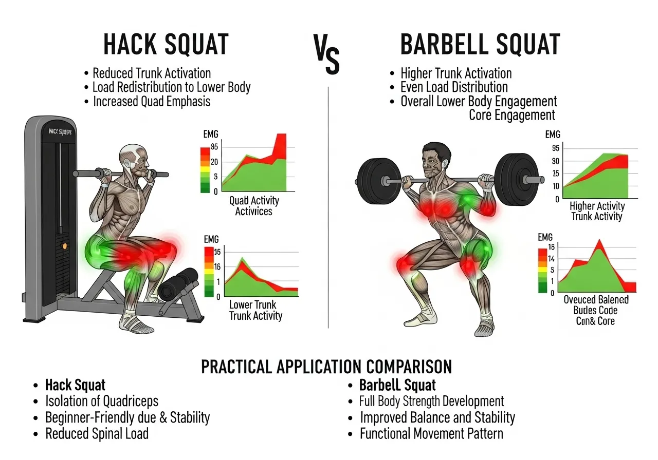 hack squat versus barbell back squat EMG research infographic showing trunk muscle reduction quad emphasis 1RM advantage redistribution