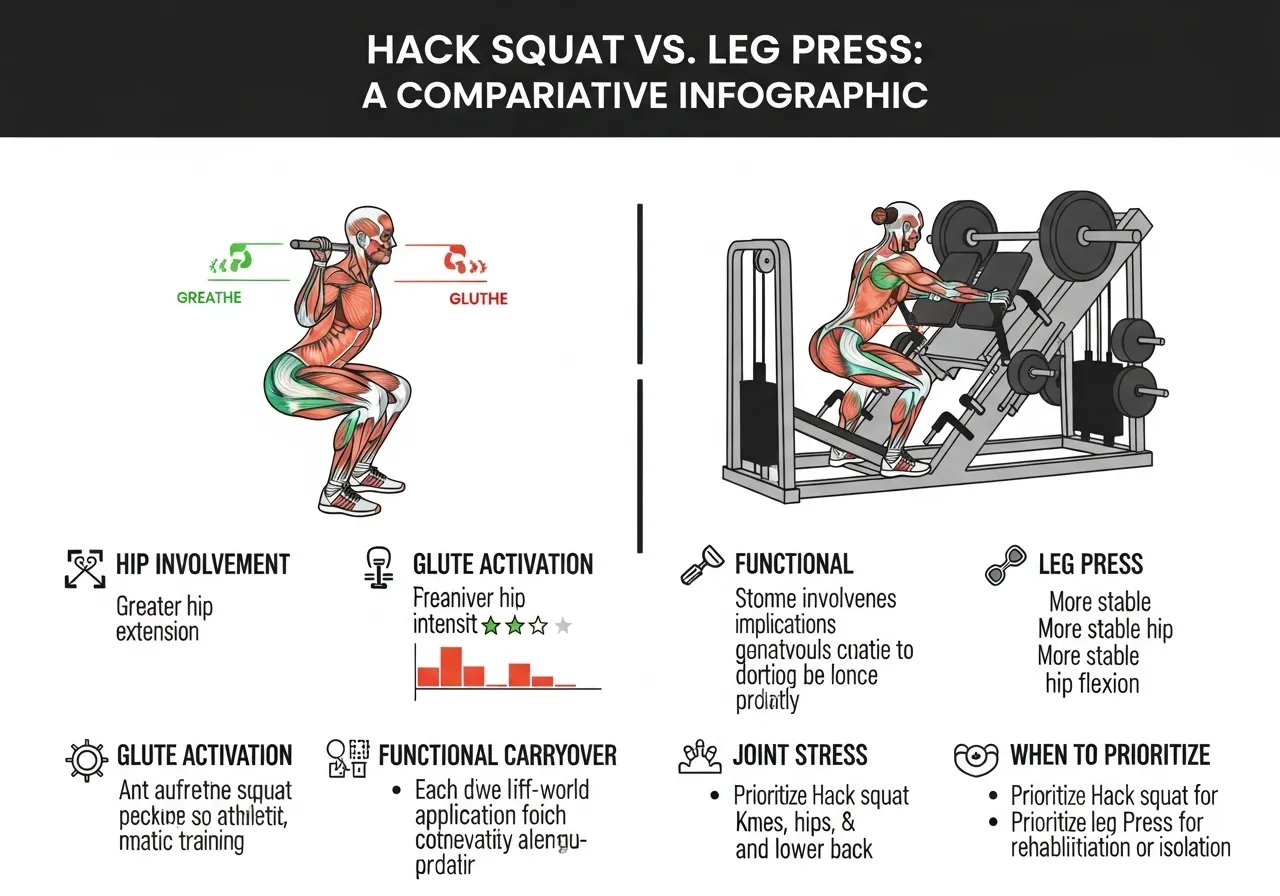 hack squat versus leg press comparison table showing hip involvement quad glute activation functional carryover joint stress best use