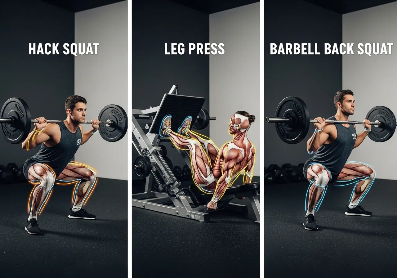 hack squat vs leg press vs barbell squat comparison muscle activation