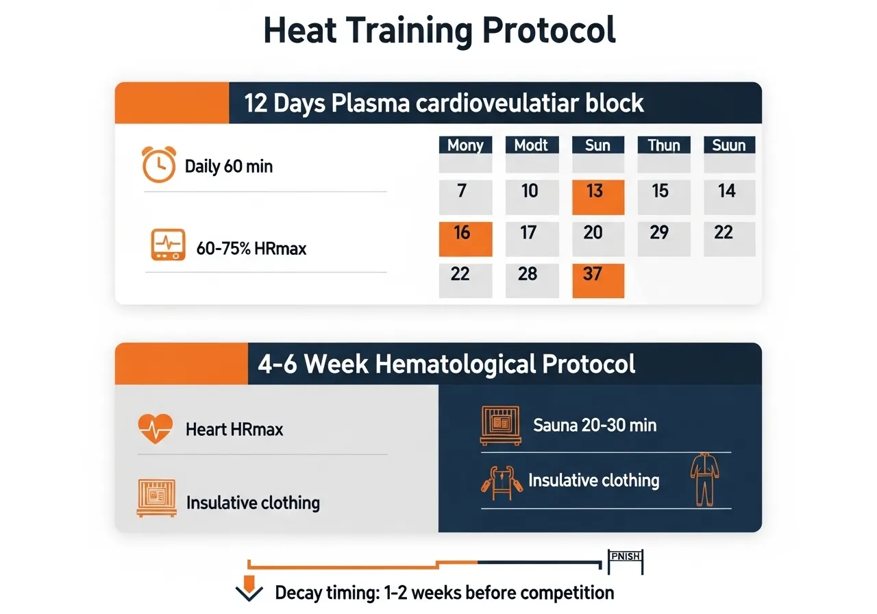 heat training protocols 12-day pre-competition 4-6 week haematological passive sauna thermally insulative clothing decay timeline