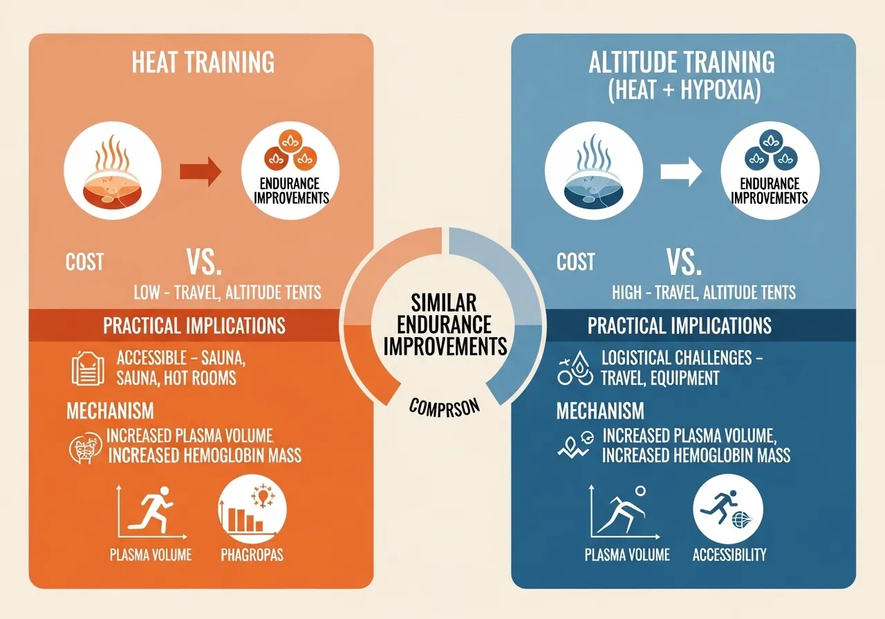 heat training vs altitude training performance comparison plasma volume haemoglobin mass cardiovascular adaptations accessibility