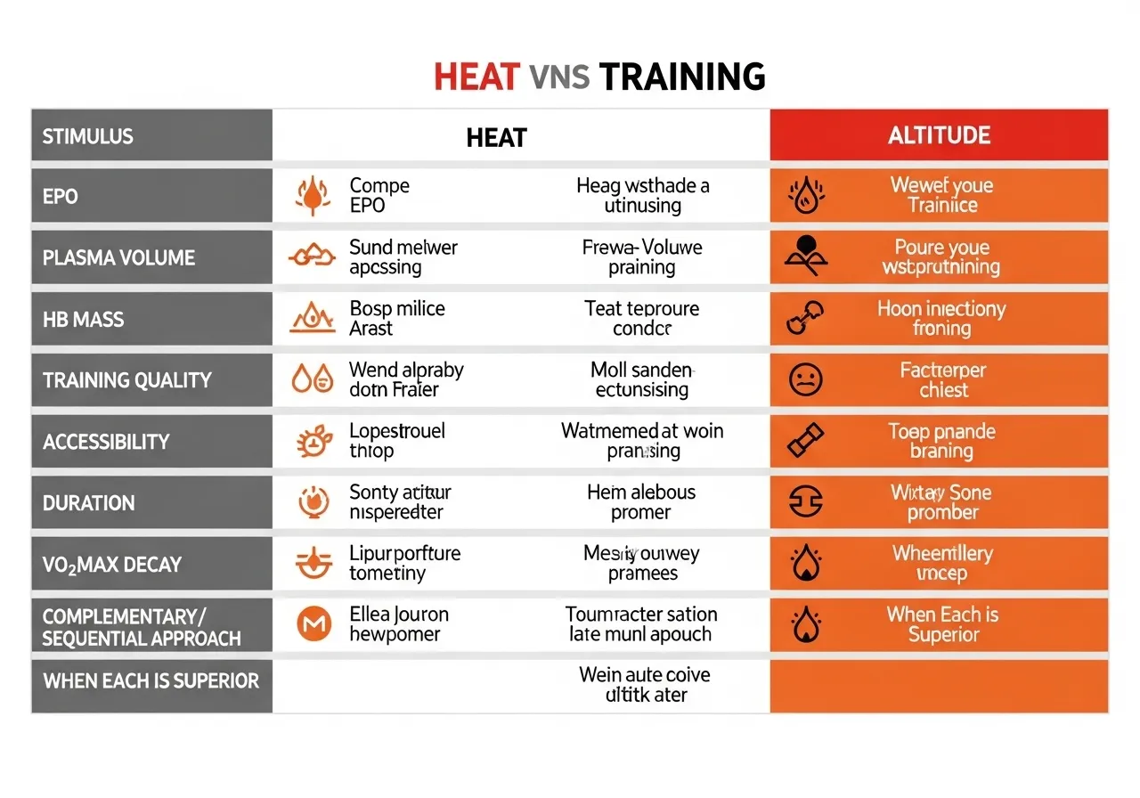 heat vs altitude direct comparison mechanisms table training quality accessibility duration VO2max complementary sequential