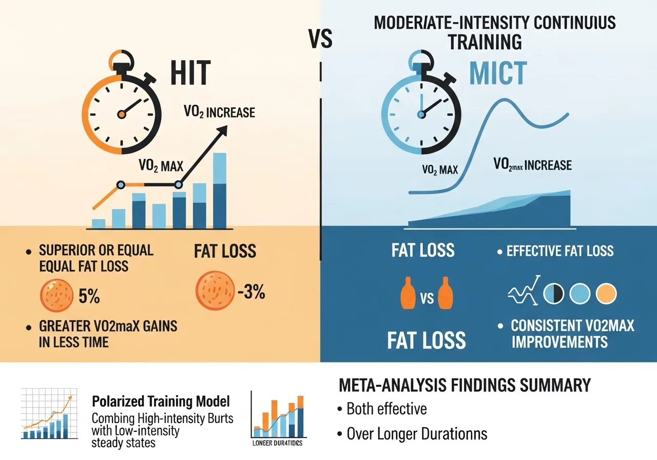 HIIT vs MICT comparison fat loss cardiorespiratory fitness time efficiency meta-analysis