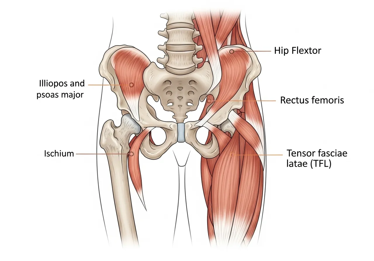 hip flexor anatomy iliopsoas psoas major iliacus rectus femoris TFL