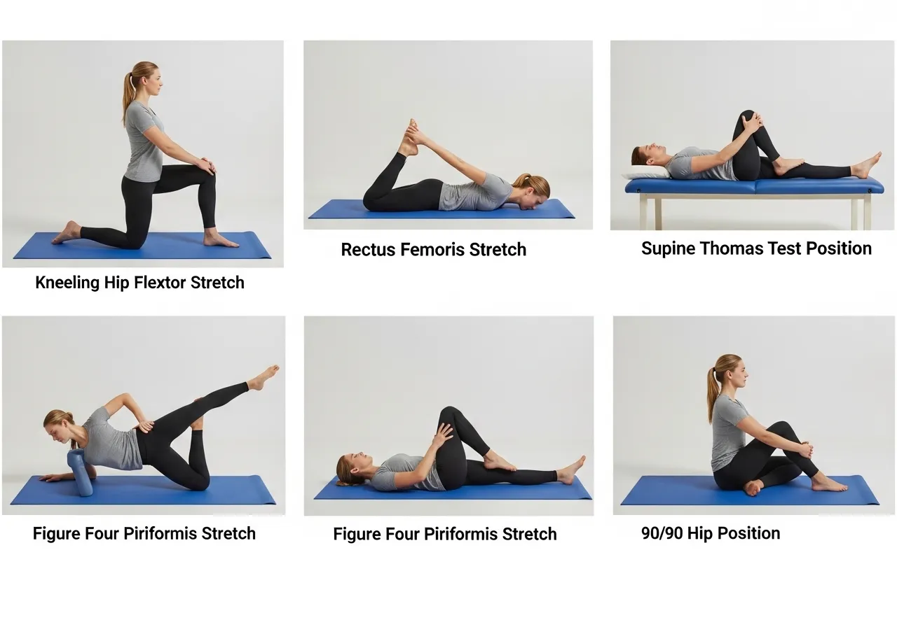 hip flexor stretches kneeling lunge figure four Thomas test 90 90