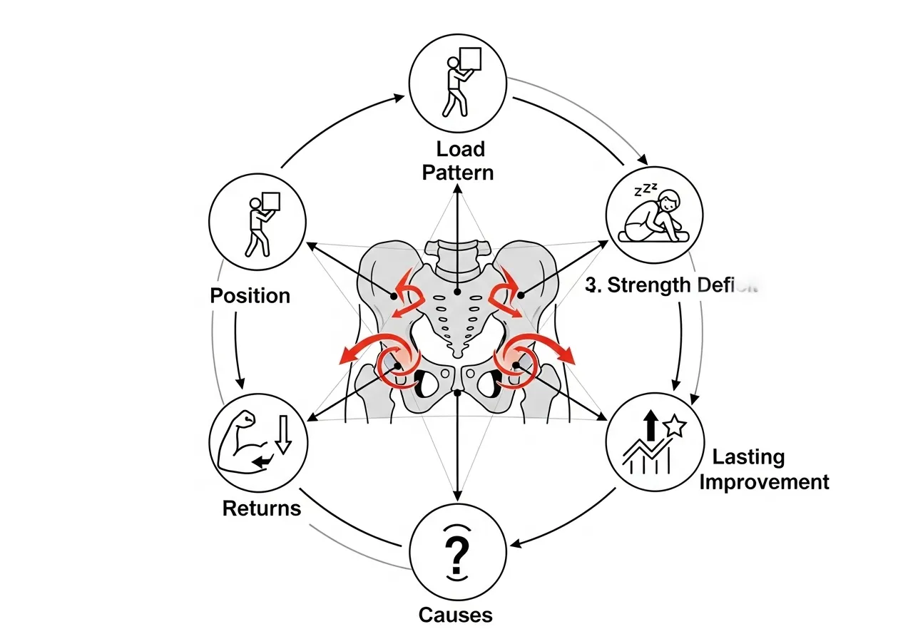 hip rotation restriction returns load pattern sleep position strength deficit causes lasting improvement