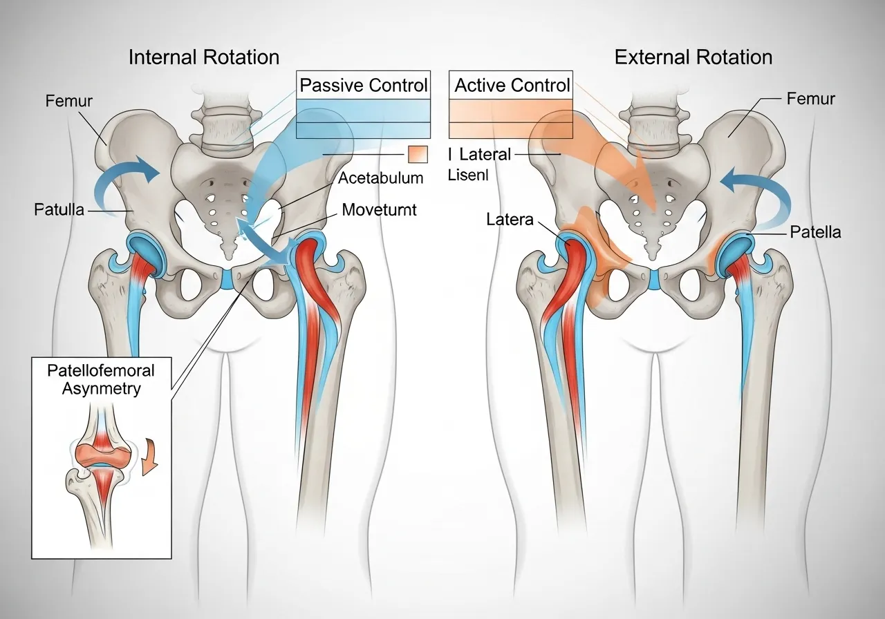 hip rotation runners internal external range comparison patellofemoral asymmetry passive vs active control