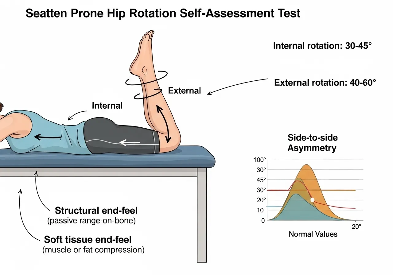 hip rotation self assessment seated prone test normal values side-to-side asymmetry end-feel structural soft tissue