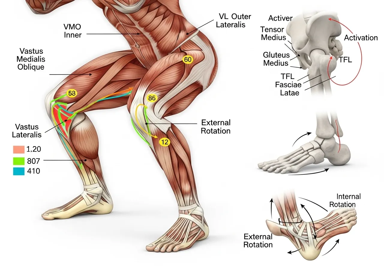 hip rotation squat muscle activation VMO VL ratio gluteus medius TFL foot angle internal external position