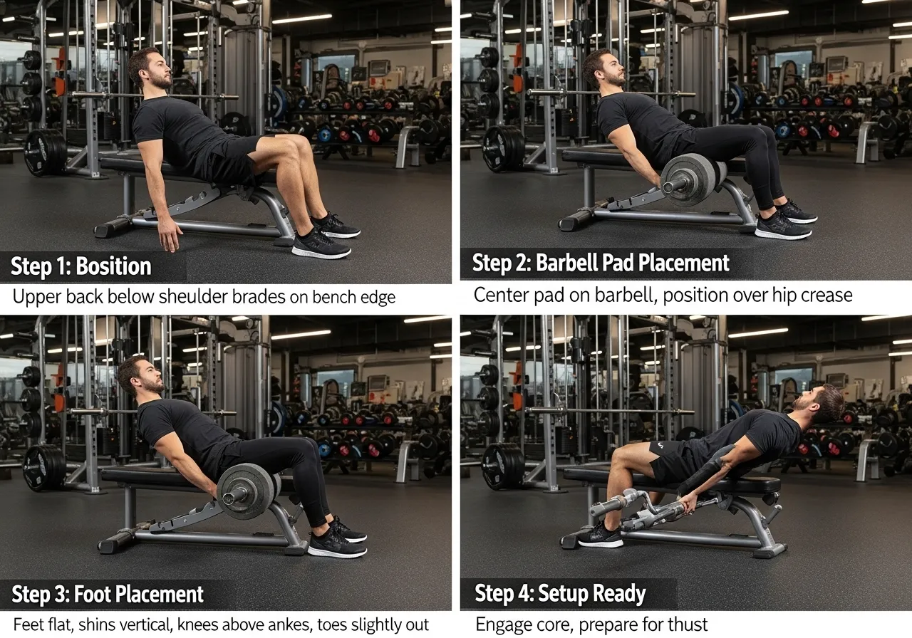 hip thrust setup barbell bench foot position technique