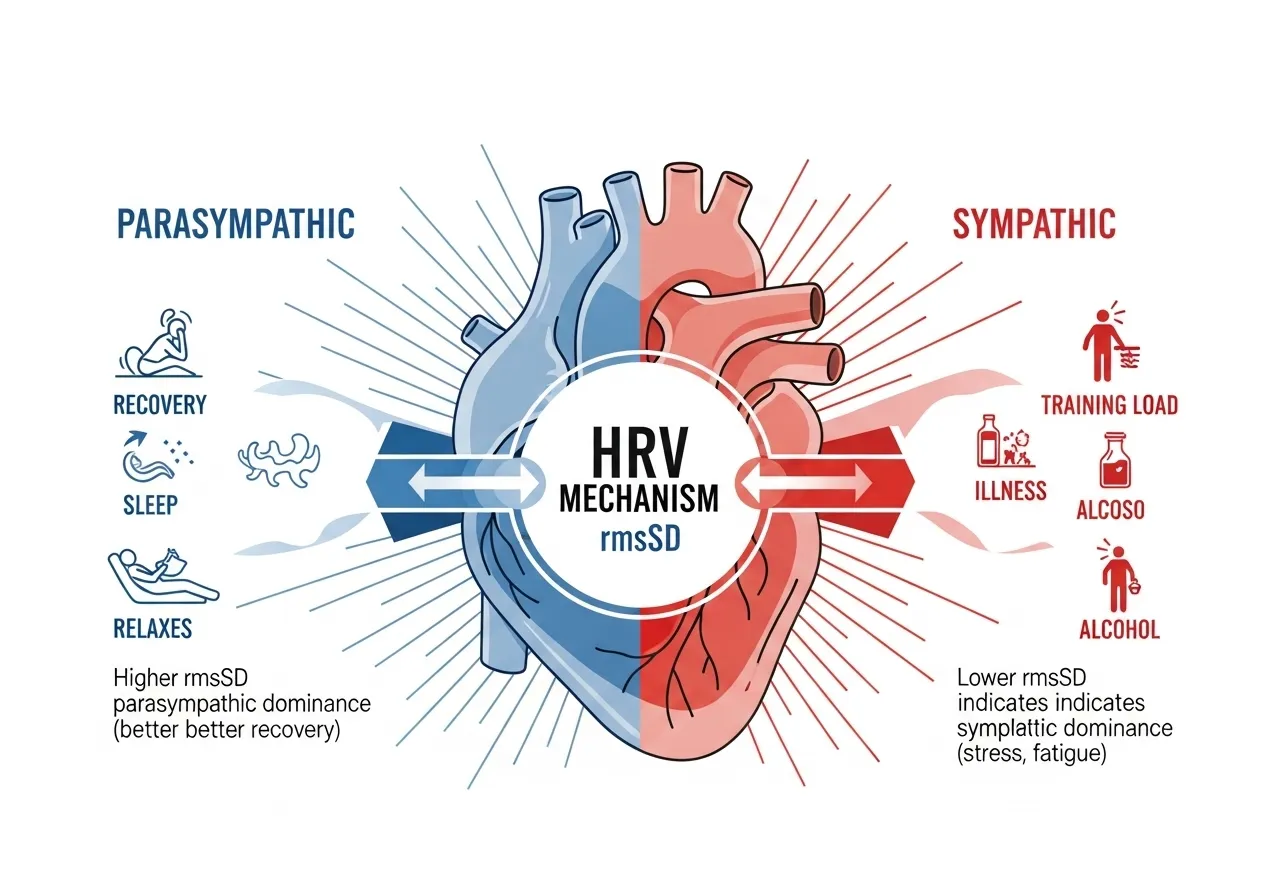 HRV autonomic nervous system infographic showing rmsSD parasympathetic sympathetic balance recovery signal what depresses HRV list