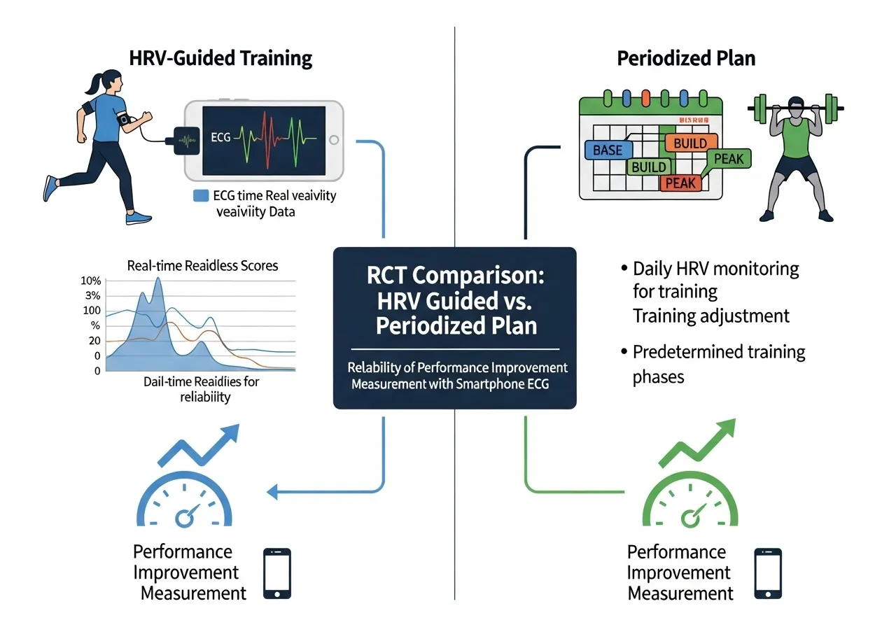HRV guided training versus fixed schedule research infographic showing RCT results superior performance high readiness capitalising benefit