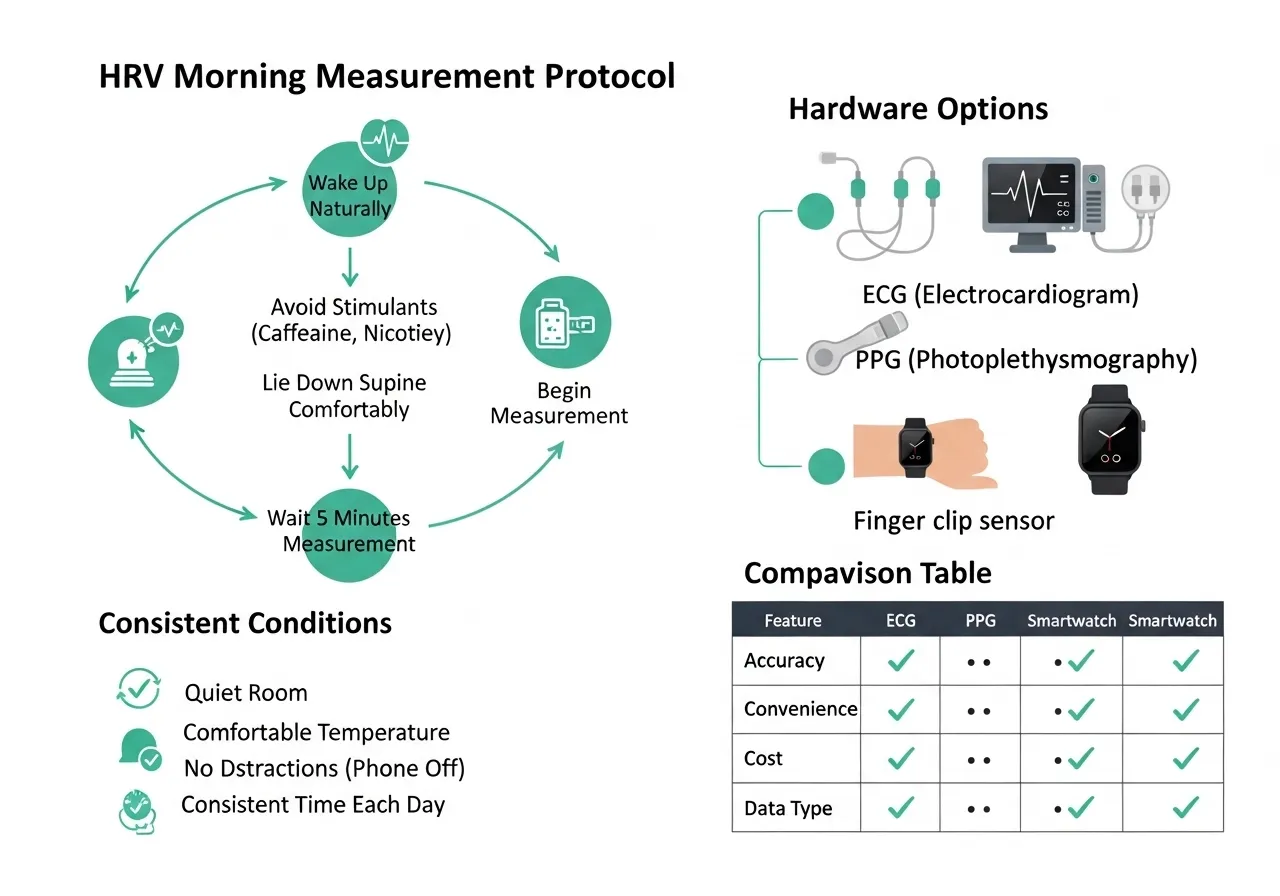 HRV measurement protocol guide showing timing position duration consistency hardware comparison ECG PPG smartwatch reliability accuracy