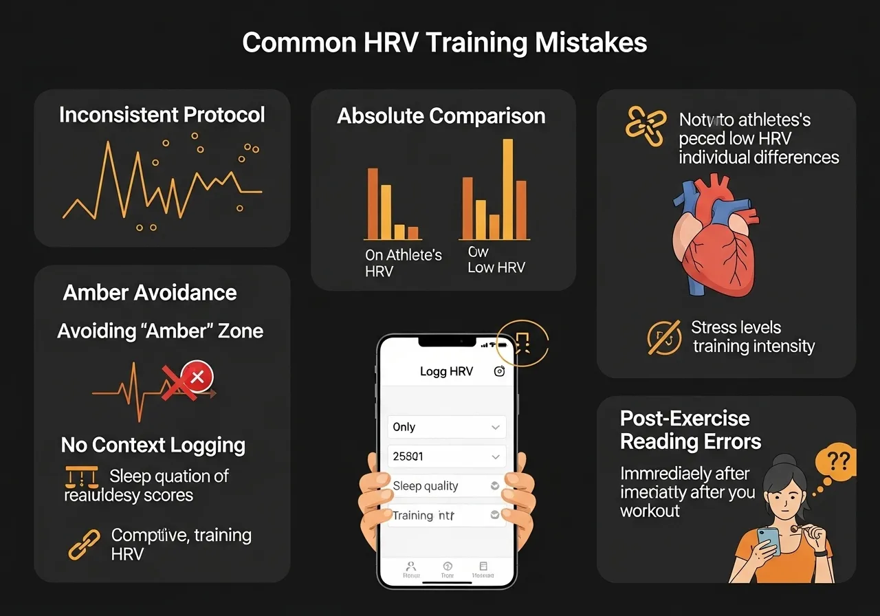 HRV monitoring mistakes guide showing inconsistent measurement absolute numbers amber skipping no context logging post-exercise measurement