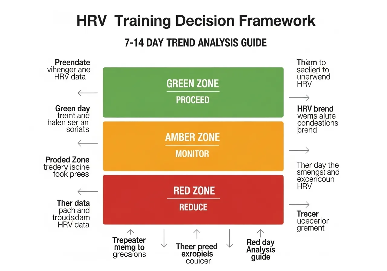 HRV three zone decision framework infographic showing green amber red baseline deviation training recommendations upgrade postpone monitor