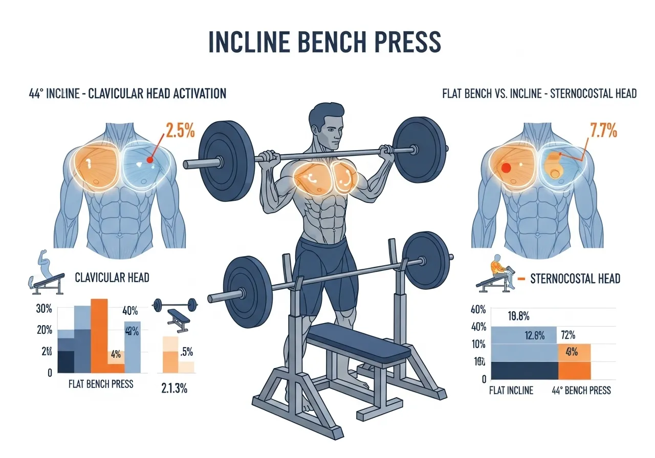 incline bench press angle EMG research infographic showing clavicular versus sternocostal head activation at 0 28 44 degrees optimal angle data