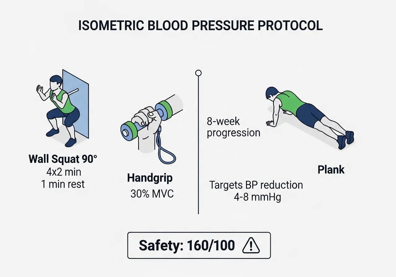 isometric blood pressure protocol wall squat handgrip plank 8-week programme progression safety considerations acute elevation