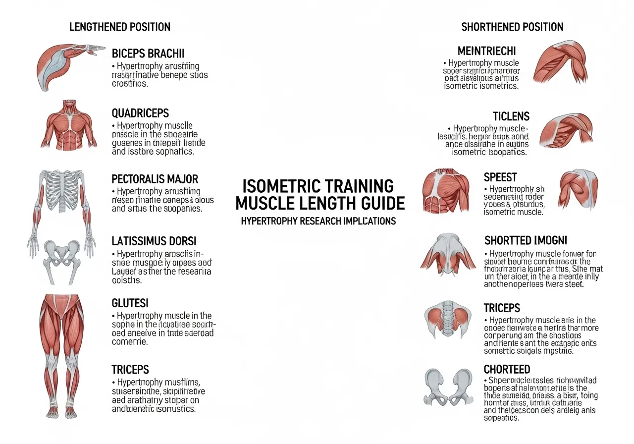 isometric muscle length comparison table showing shortened versus lengthened positions for quadriceps hamstrings biceps glutes chest hypertrophy implications