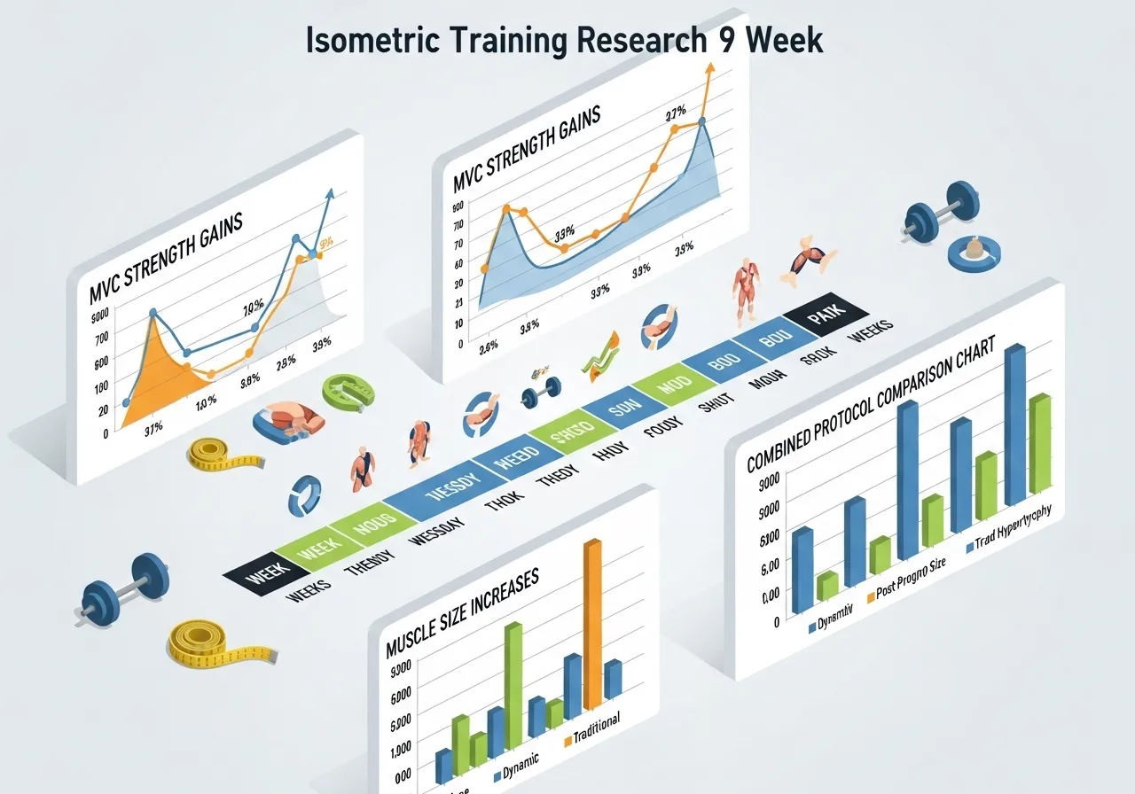 isometric training research infographic showing 9-week programme MVC increases muscle cross-sectional area gains combined high low intensity protocol findings