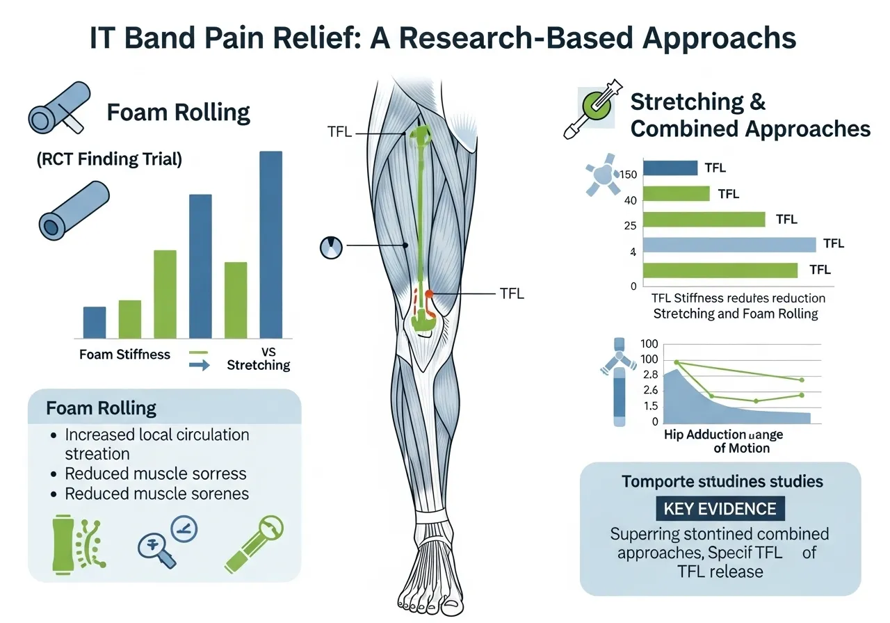 IT band foam rolling research RCT stiffness reduction stretching TFL range of motion evidence what actually works