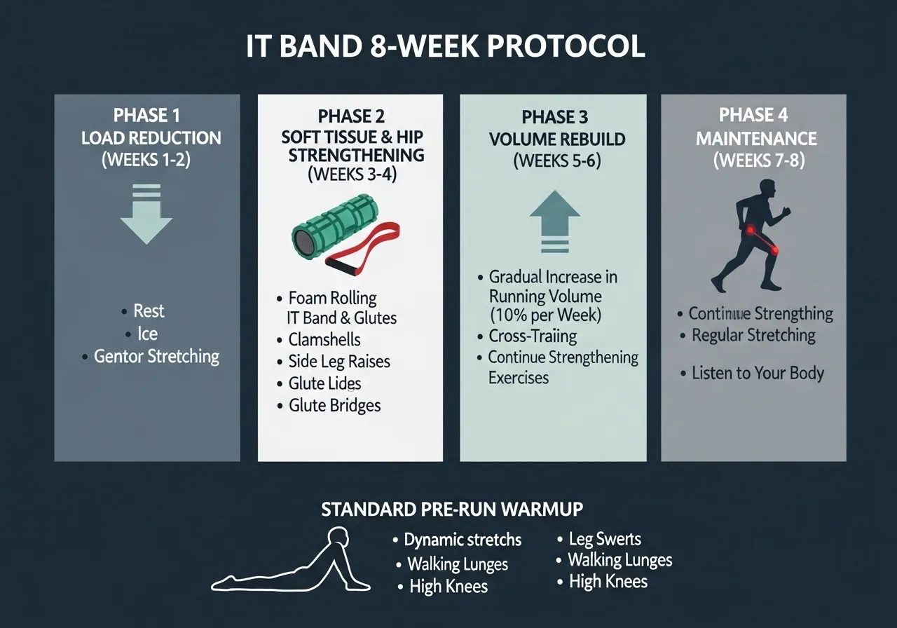IT band syndrome 8 week protocol four phases load reduction soft tissue hip strengthening volume rebuild maintenance