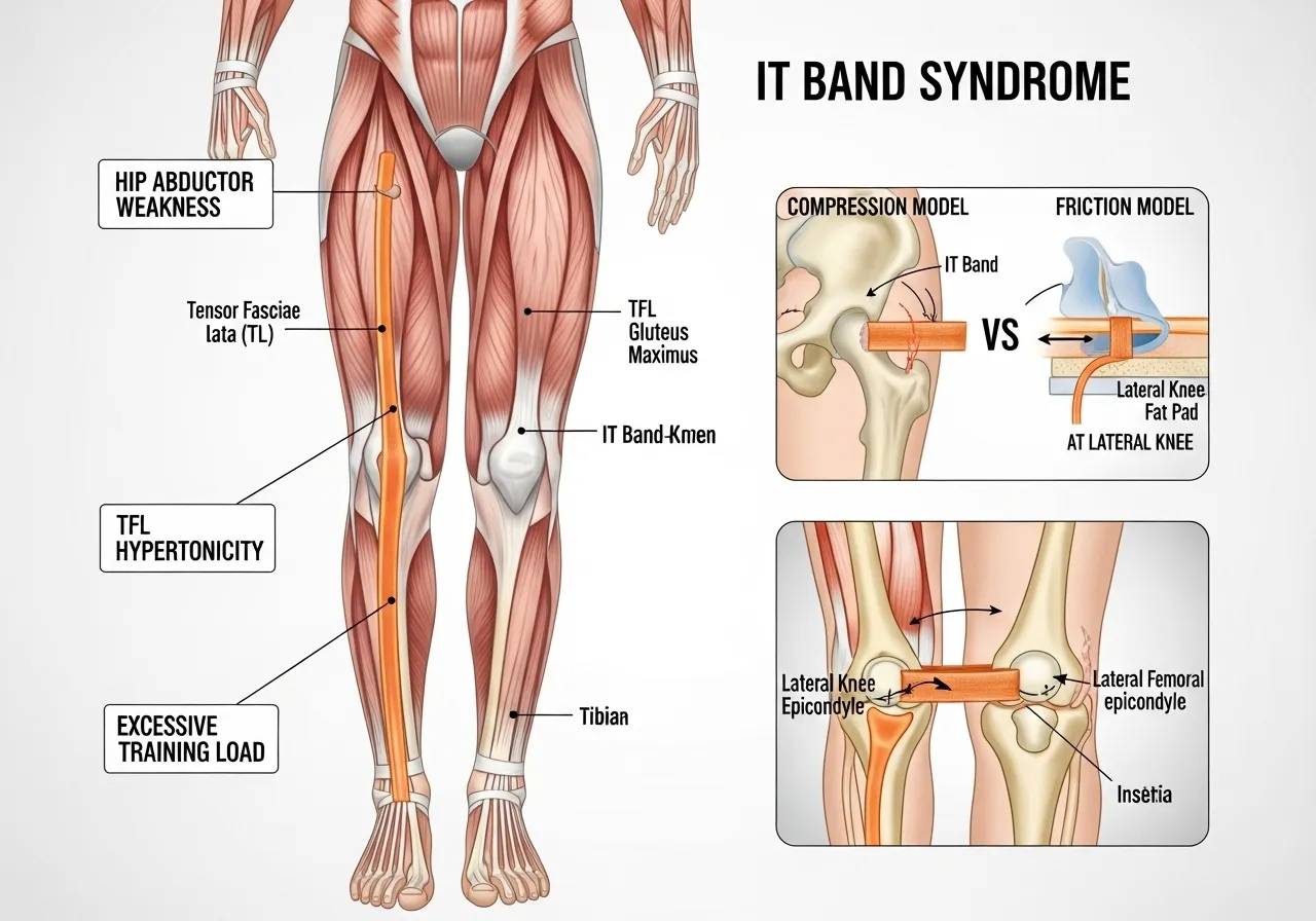 IT band syndrome anatomy iliotibial band compression lateral knee fat pad causes hip abductor weakness friction theory wrong