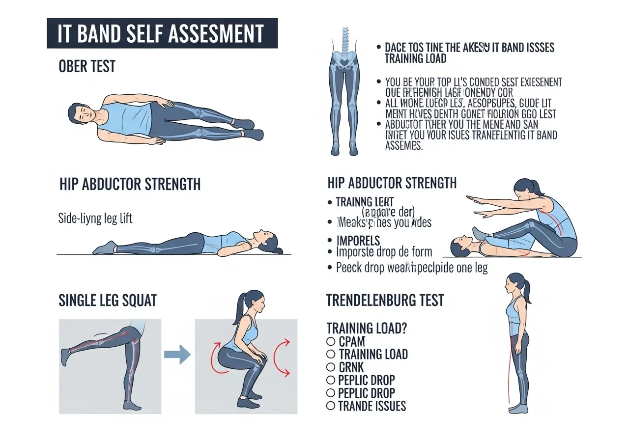 IT band syndrome self assessment Ober test hip abductor strength single leg squat training load analysis