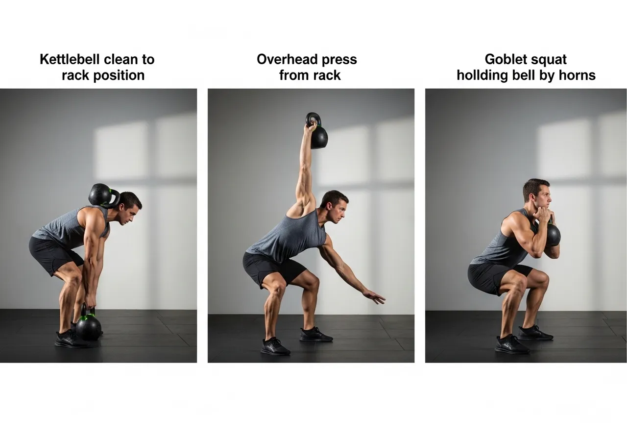 kettlebell clean rack position press goblet squat technique