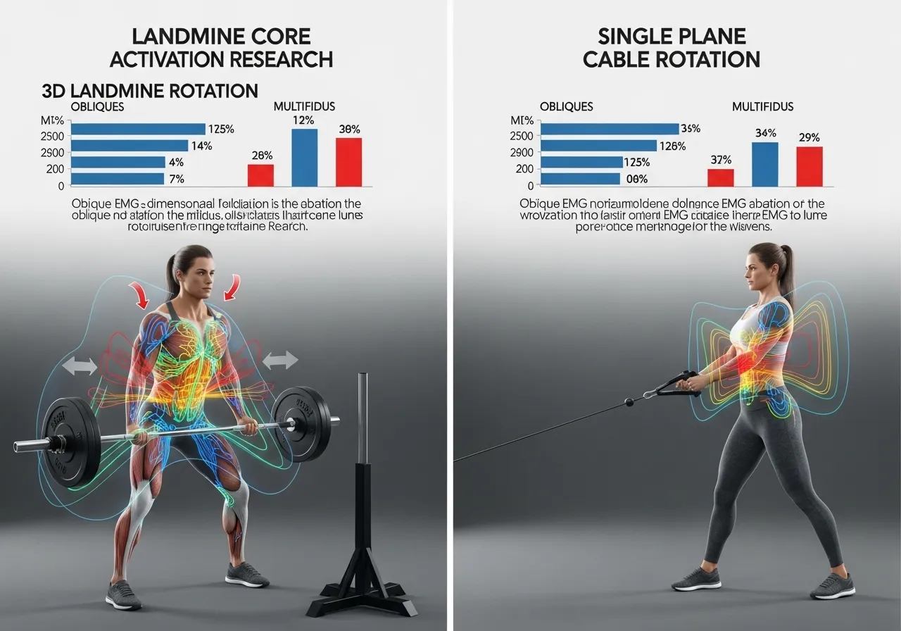landmine rotation EMG research infographic showing three plane core activation external oblique internal oblique multifidus comparison data