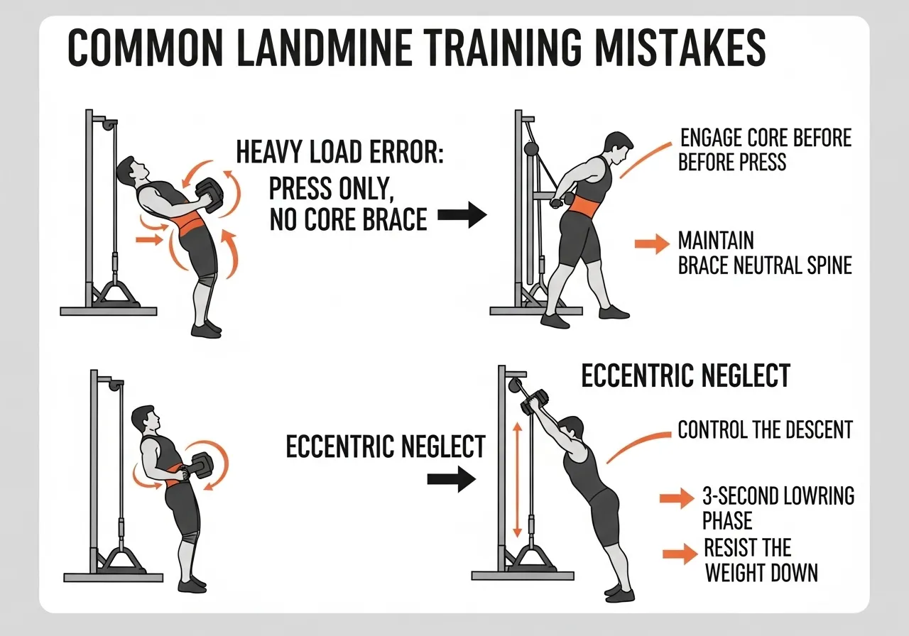 landmine training mistakes guide showing too heavy conventional approach no core brace ignoring eccentric only pressing corrections