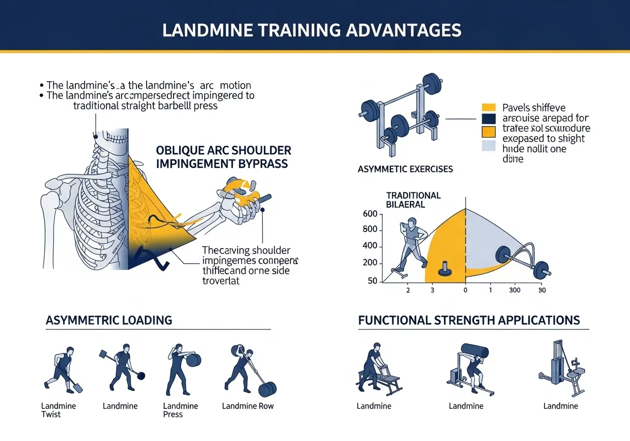landmine training versus conventional barbell infographic showing shoulder impingement bypass EMG activation asymmetric loading advantages