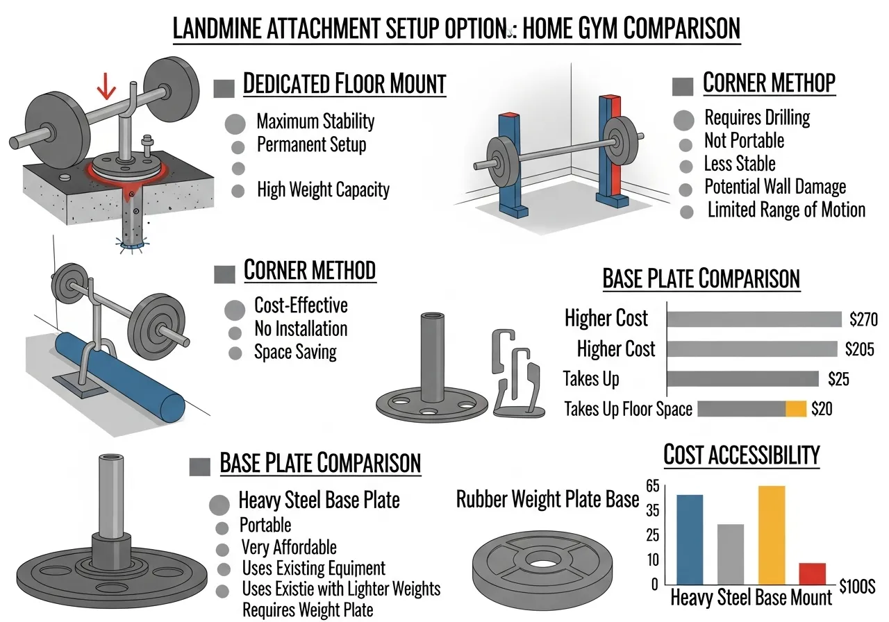 landmine versus barbell setup comparison showing dedicated attachment corner method base plate equipment options cost versatility