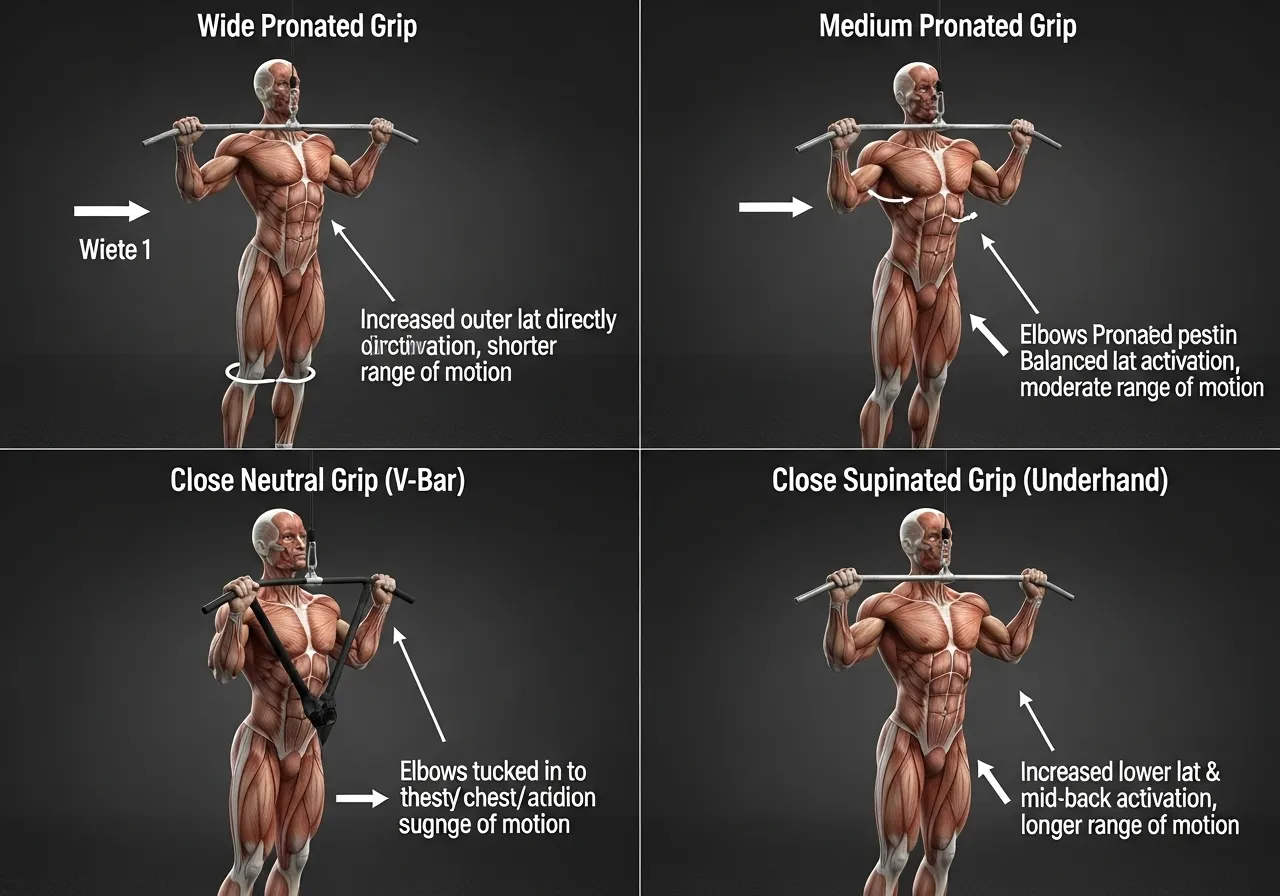 lat pulldown grip variations wide medium close neutral supinated comparison