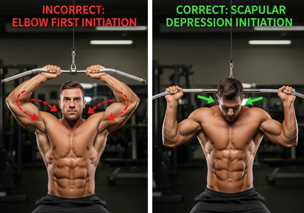 lat pulldown technique scapular depression initiation grip width bar path