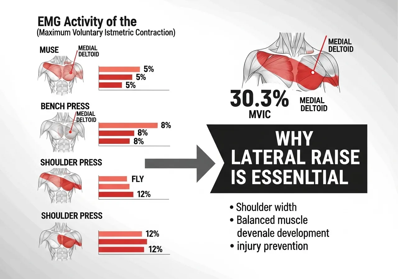 lateral raise EMG research infographic showing medial deltoid 30.3 percent MVIC versus bench press 5 percent dumbbell fly 3.4 percent data