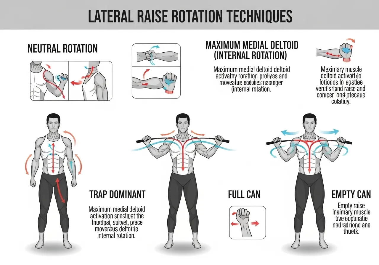 lateral raise rotation guide showing neutral thumb forward versus internal pinky up medial deltoid versus trap activation EMG findings