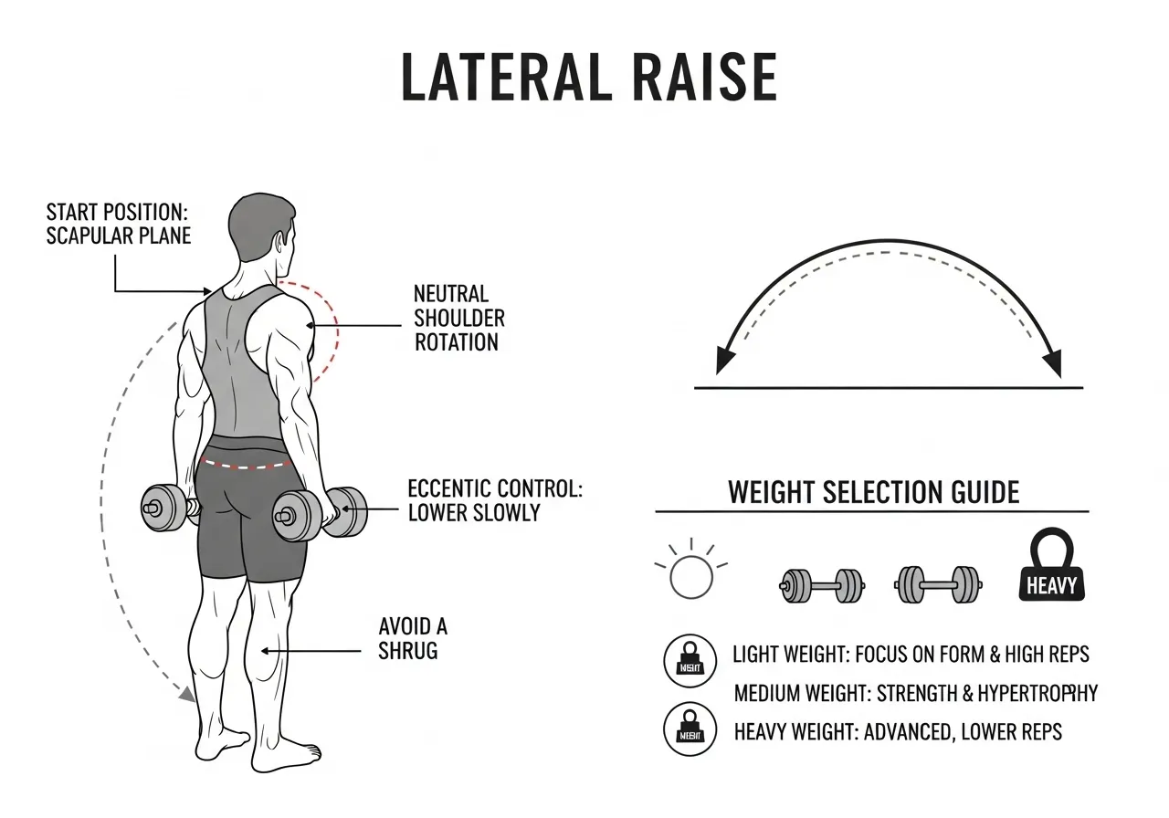 lateral raise technique guide showing scapular plane setup elbow angle eccentric 3 seconds shrug compensation weight selection medial deltoid