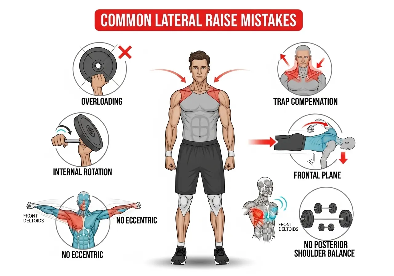 lateral raise training mistakes guide showing too heavy shrug internal rotation frontal plane no eccentric isolation without balance work