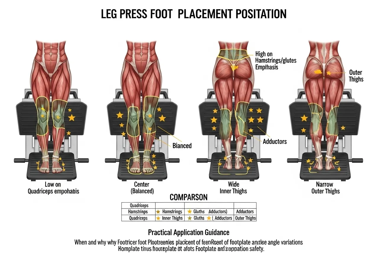 leg press foot placement positions low high wide narrow muscle emphasis comparison